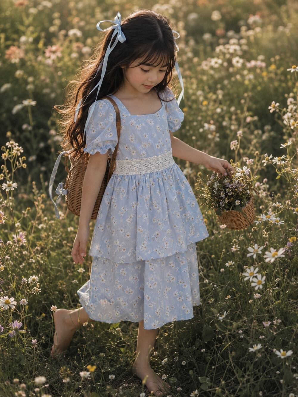 🧺Laying In The Flower Field Blooming Daisies Puff Slv Dress 8/9